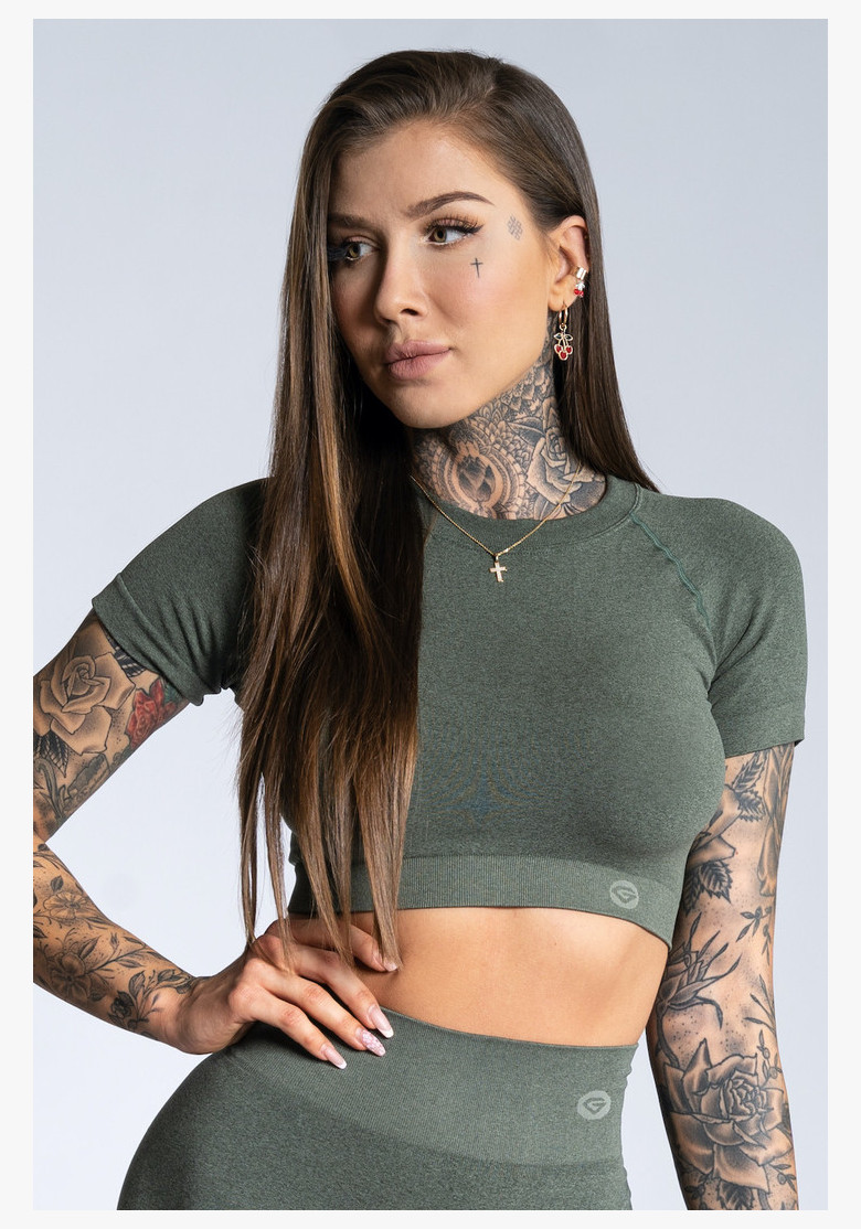 Crop top Gym Glamour s krátkym rukávom Khaki Ombre