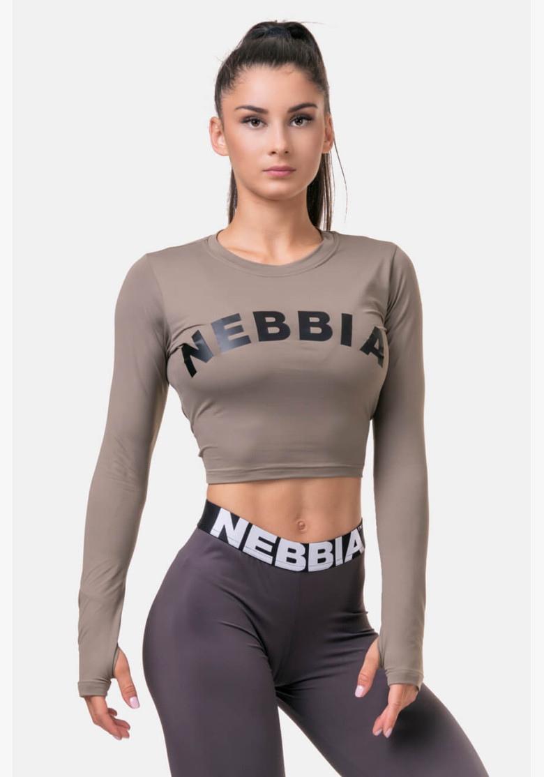 NEBBIA Sporty HERO crop top s dlhým rukávom mocha