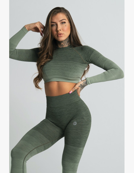 Long Sleeve Crop Top Khaki Ombre - Gym Glamour