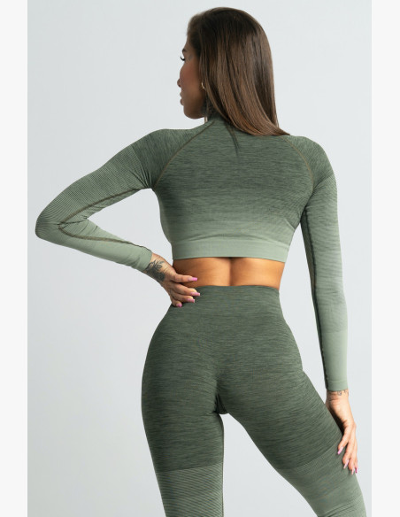 Long Sleeve Crop Top Khaki Ombre - Gym Glamour