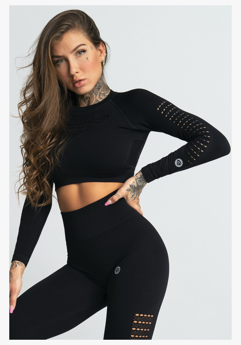 Crop top s dlhým rukávom Nero Black - Gym Glamour