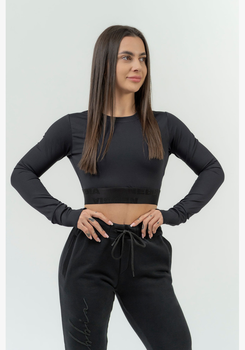 NEBBIA Dámsky crop top s dlhým rukávom NEBBIA INTENSE Perform čierna