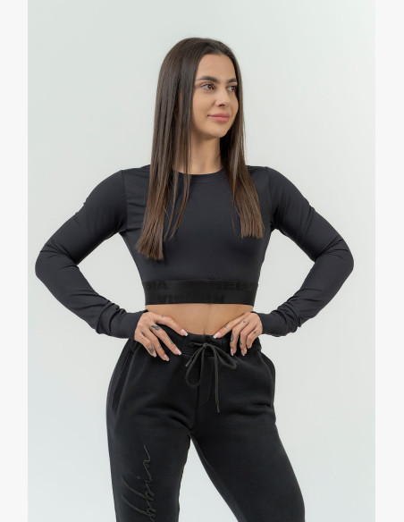 NEBBIA Women's crop top with long sleeves NEBBIA INTENSE Perform black