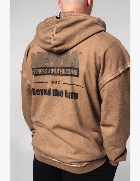 NEBBIA Washed-off mikina na zips GYM BRO hnedá