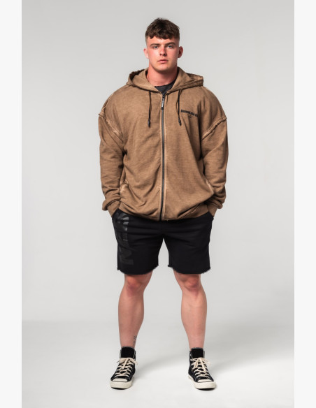 NEBBIA Washed-off mikina na zips GYM BRO hnedá