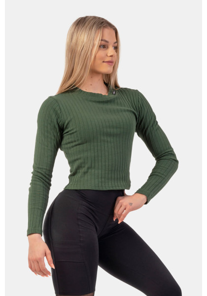 NEBBIA Rebrované tričko s dlhým rukávom z organickej bavlny zelená