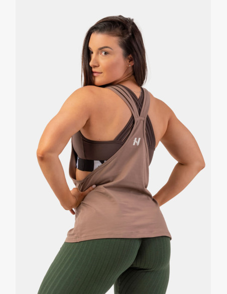 NEBBIA Loose long tank top "Feeling Good" with crossing on the back brown